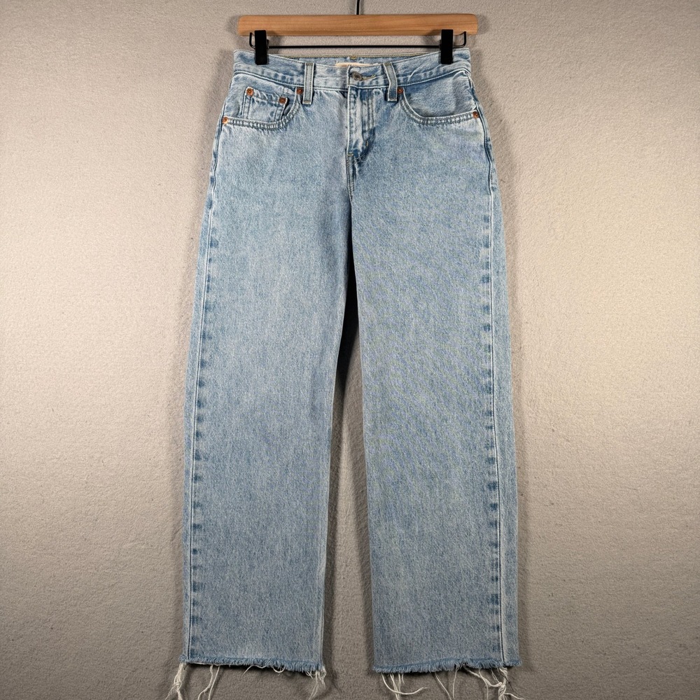 Levis Low Pro Straight Jeans Light Wash Blue Raw Hem Size 24 Womens